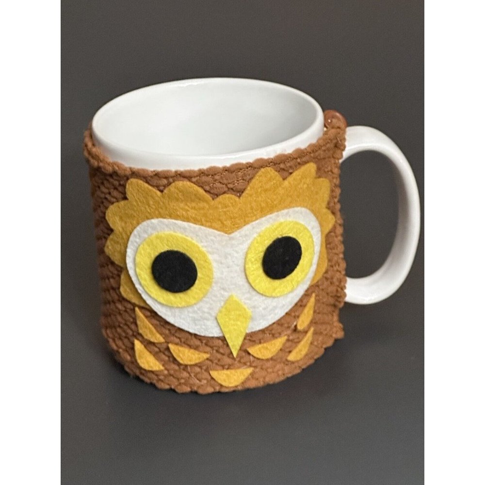 Pier One Owl Coffee Mug with Knit Cozy Brown White Ceramic Bird Cup